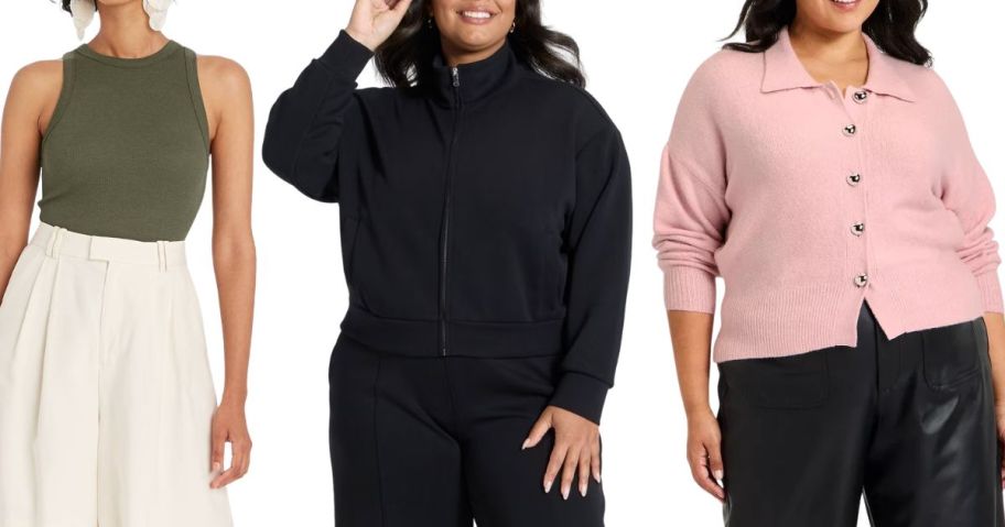 A New Day Women's Slim Fit Ribbed Tank Top, Sandwash Zip-Up, and Long Sleeve Heart Button Cardigan Sweater