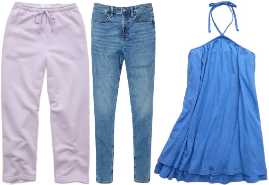 Lilac sweatpants, classic blue jeans, and a flowing blue halter dress are arranged side by side on a white background.