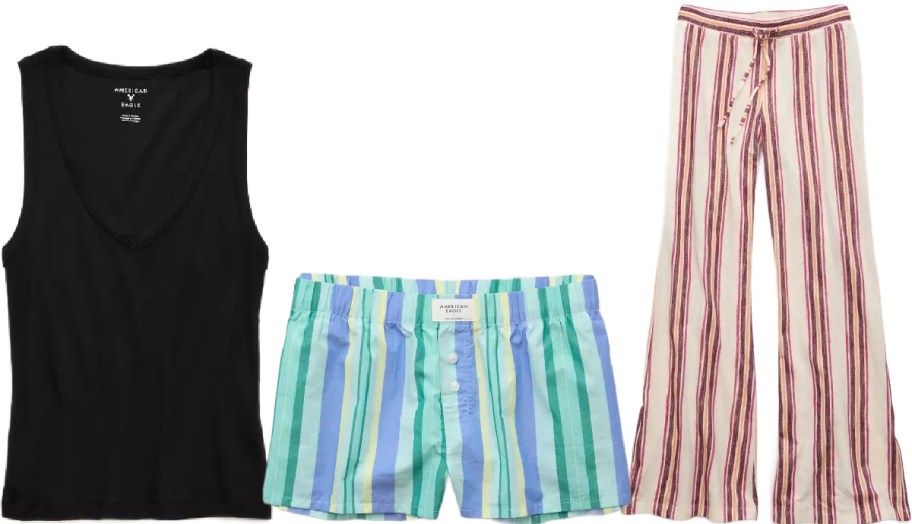 Black sleeveless V-neck top, paired with colorful striped shorts in blue and green, and flowy red and white striped drawstring pants.