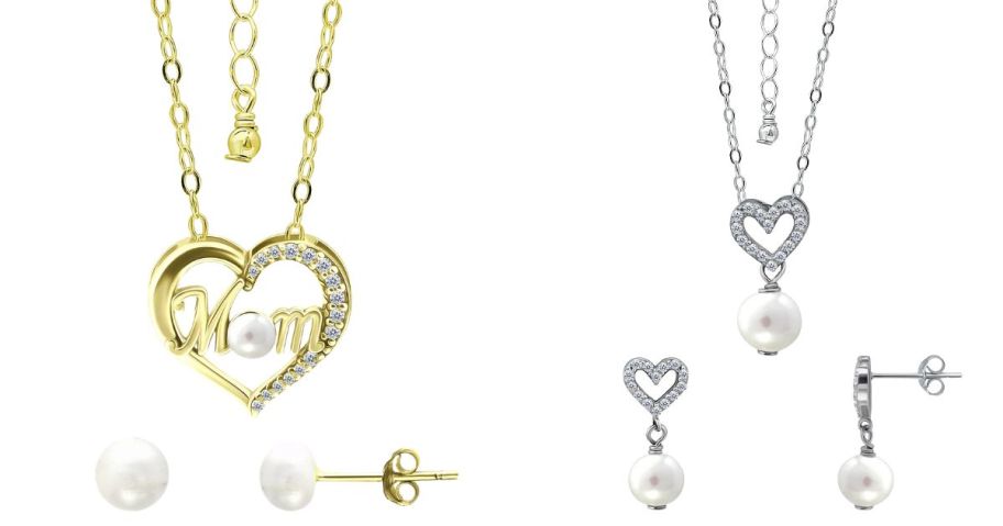 Aleure Precioso 18k Cubic Zirconia & Pearl Mom Heart Necklace & Earrings Set and Drop Pendant Necklace & Earrings Set