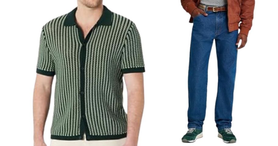 Amazon Essentials Men Relaxed-Fit Short Sleeve Button-Down Resort Cardigan and Wrangler Men's X Stranger Things 13mwz Jeans