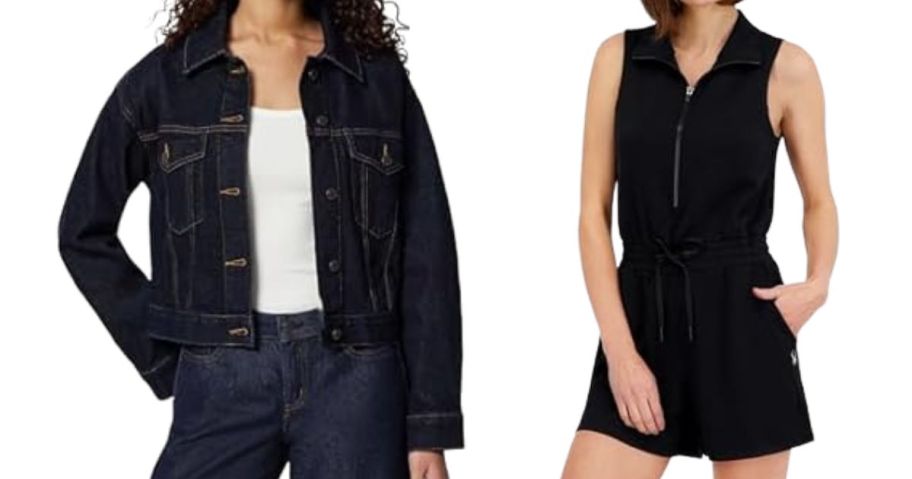 Amazon Essentials Women Low Stretch Relaxed-fit Cropped Jacket and Spyder Women's Harmony Scuba Knit French Terry Sleeveless Romper