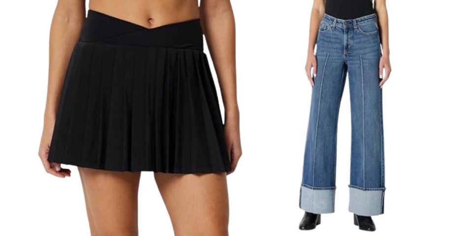 Amazon Essentials Women's Performance Stretch Woven Pleated Tennis Skirt Built-in Shorts Pockets and Low Stretch High-Rise Wide Leg Cuffed Jeans
