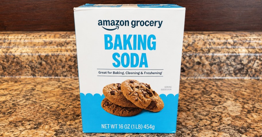 box of Amazon Grocery Baking Soda on a kitchen counter