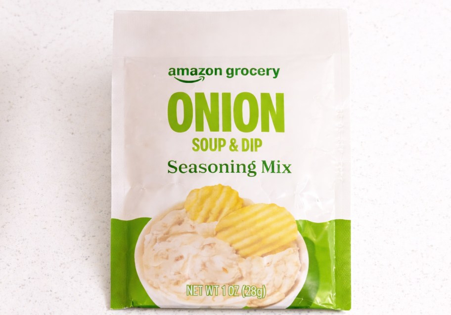 packet of Amazon Grocery Onion Soup & Seasoning Mix on white counter