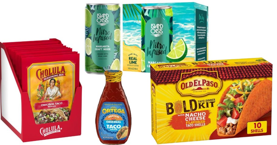Stock images of Cinco De Mayo Amazon Grocery items including taco mixes, taco kits, taco sauce and margarita mixers