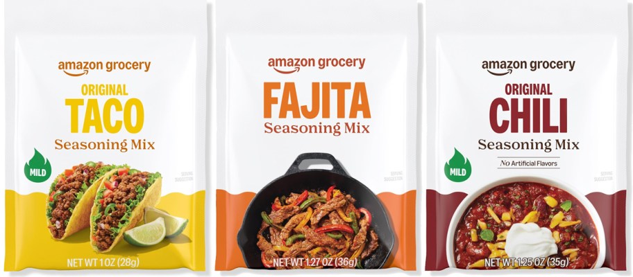 3 packets of Amazon Grocery Seasoning Mixes in a row