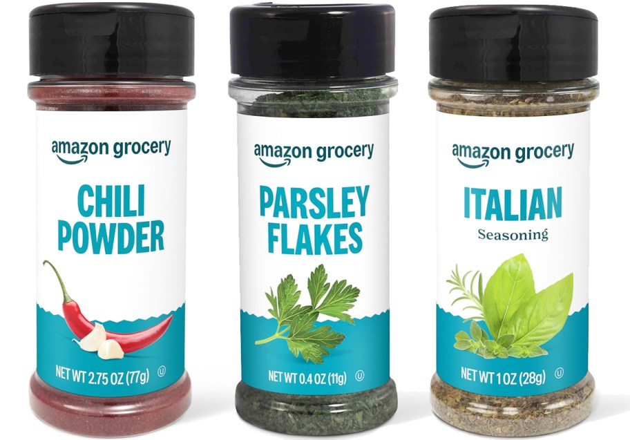 bottles of chili powder, parsley flakes, and italian seasoning