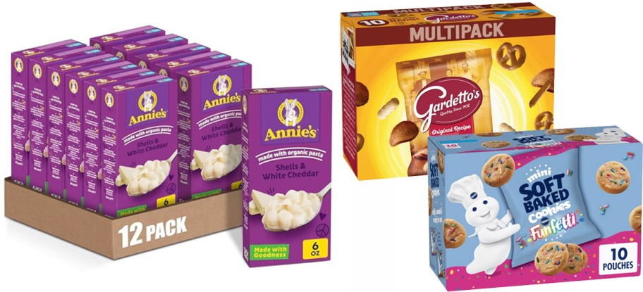 annie's mac & cheese, gardettos, and pillsbury cookies