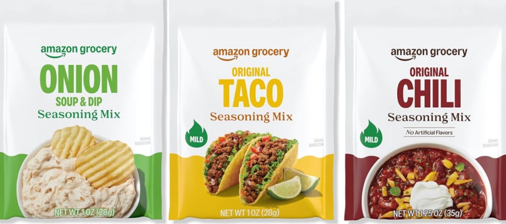 Onion soup mix, taco mix, and chili mix with Amazon packaging