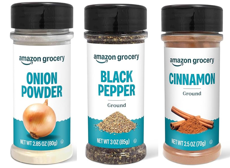 Onion powder, black pepper, and cinnamon in Amazon grocery spices containers