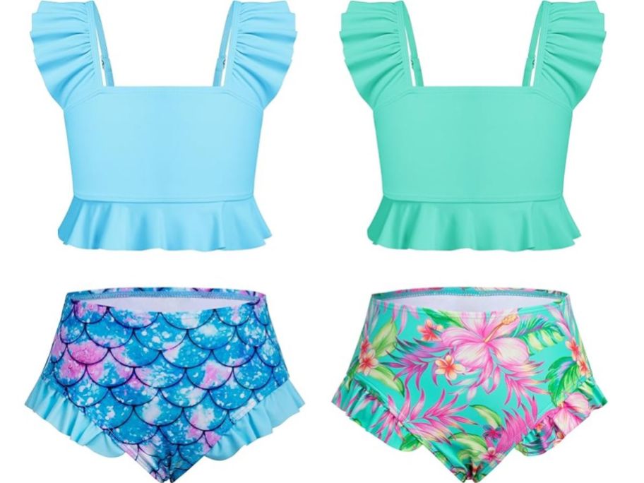 Stock images of two ruffled swimsuits for girls
