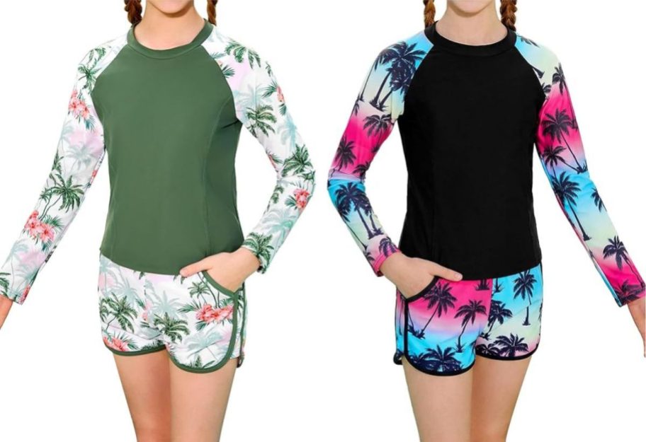 Stock images of two girls wearing 2-piece Rashguard swim sets