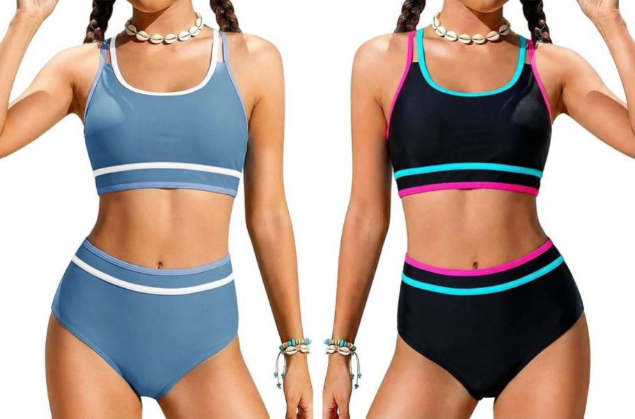 Stock images of two girls wearing sporty 2-piece swimsuits