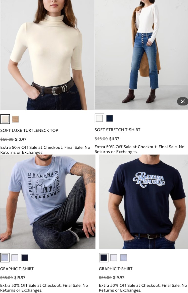 screenshot of banana republic factory clearance clothing products on website