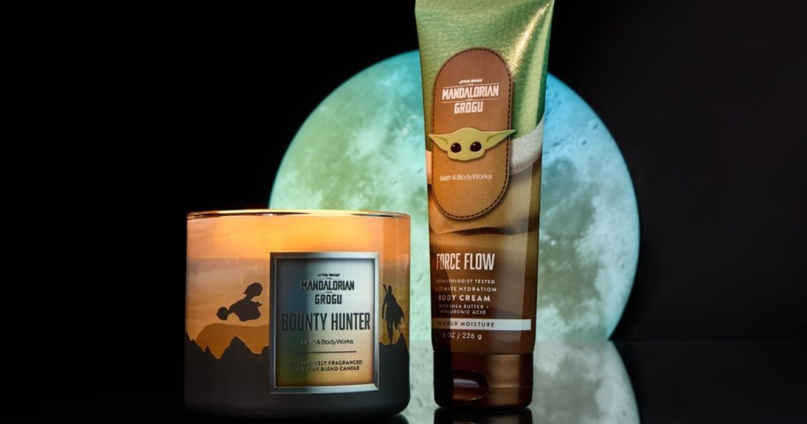 bath & body works star wars 3-wick candle and body lotion in new scents with moon in background