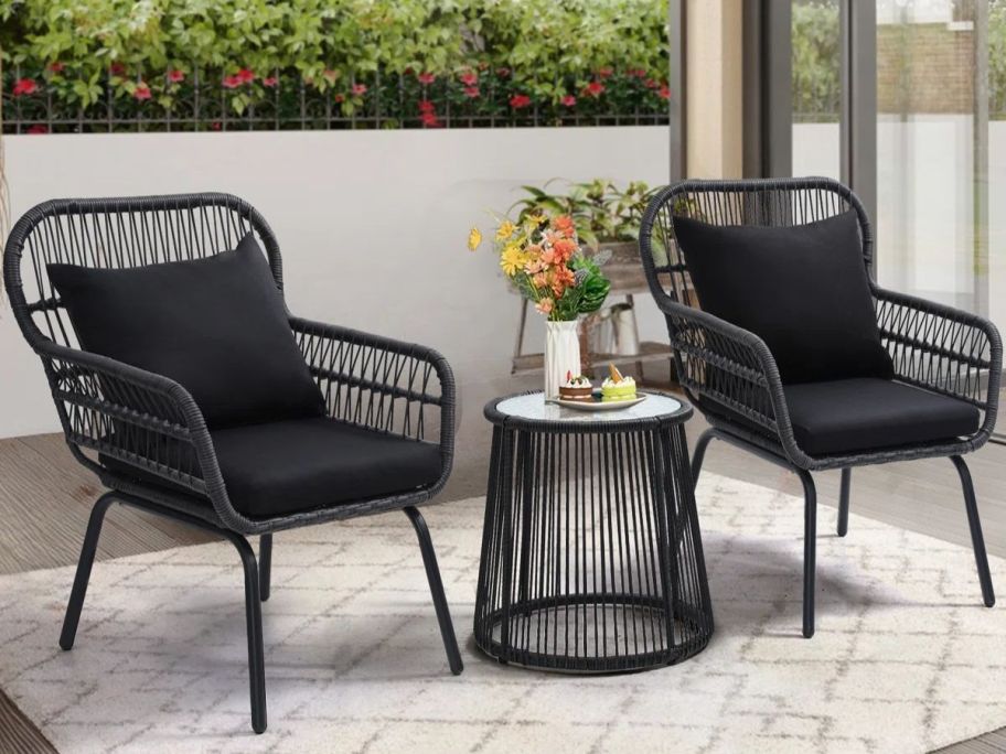 Bay Isle 3-Piece Rattan Wicker Outdoor Conversation Bistro Set on patio