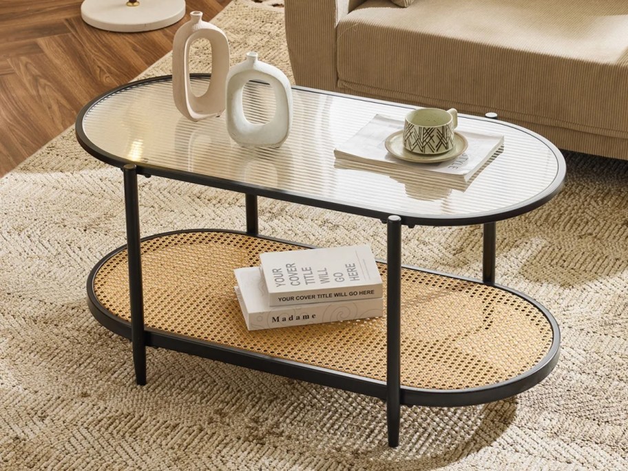 Bay Isle Home Boho 37.8 W Oval 2-Tier Metal Coffee Table with Glass Top & Rattan Shelf