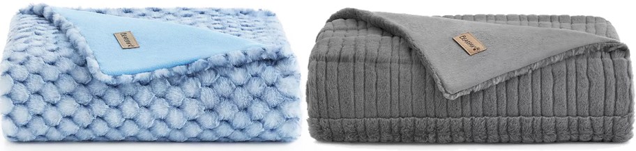 blue and grey folded throw blankets