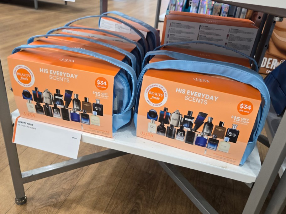 Display of orange and blue ulta beauty kits labeled "His Everyday Scents" featuring various cologne bottles.