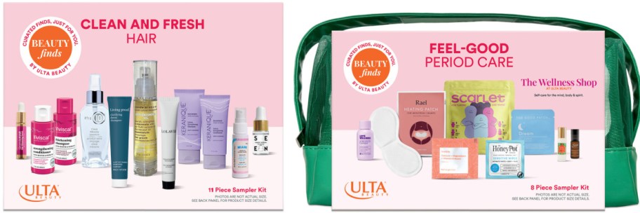 The image shows two beauty product kits. The left kit is labeled "Clean and Fresh Hair" with 11 items, and the right kit is "Feel-Good Period Care," containing 8 items in a green bag.