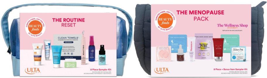 Two beauty kits displayed in blue bags. "The Routine Reset" kit features skincare items, while "The Menopause Pack" contains wellness products. Both kits are from Ulta Beauty.