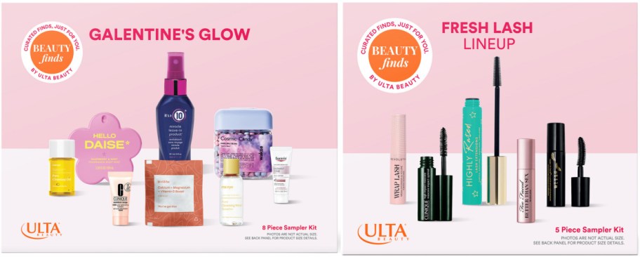 Ulta Beauty sampler kits side by side. Left: 'Galentine's Glow' kit with eight beauty products displayed. Right: 'Fresh Lash Lineup' kit showing five mascaras.