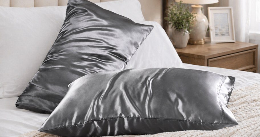 two pillows in grey satin pillowcases on bed