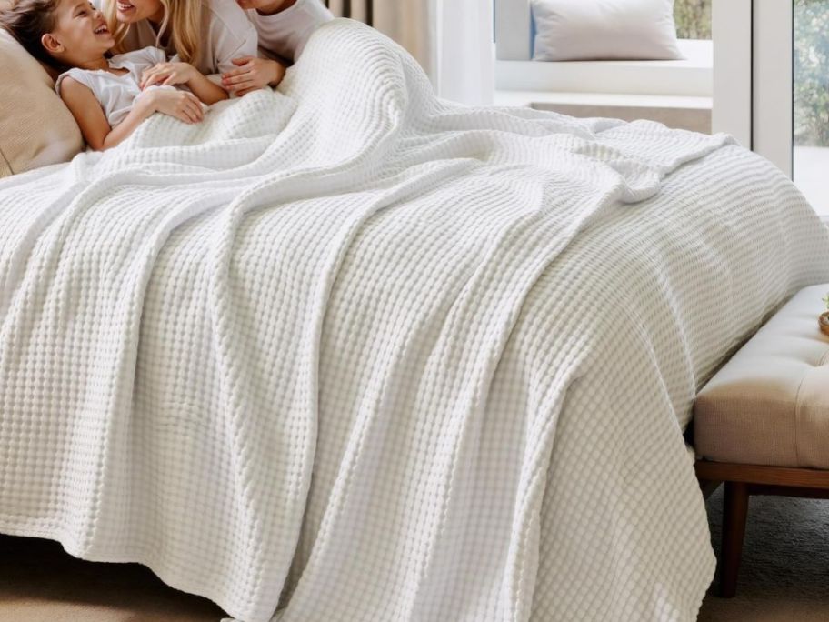 Bedsure Cooling Cotton Waffle Blanket on Bed