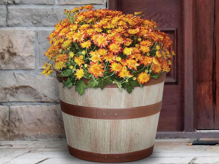 Better Homes & Gardens 13" Whiskey Barrel Recycled Resin Planter on porch