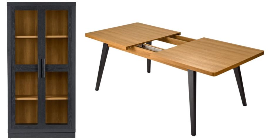 Better Homes & Gardens Ezra Glass Door Storage Accent Cabinet and Nola Extendable Dining Table