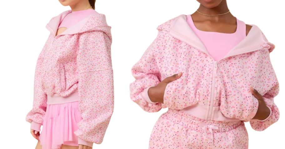 a woman and a girl wearing Blogilates Women's Mommy & Me Marshmallow Full Zip Hooded Sweatshirt and Girls' Mommy & Me Marshmallow Hoodie