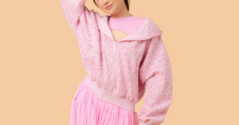 woman wearing Blogilates Women's Mommy & Me Marshmallow Full Zip Hooded Sweatshirt