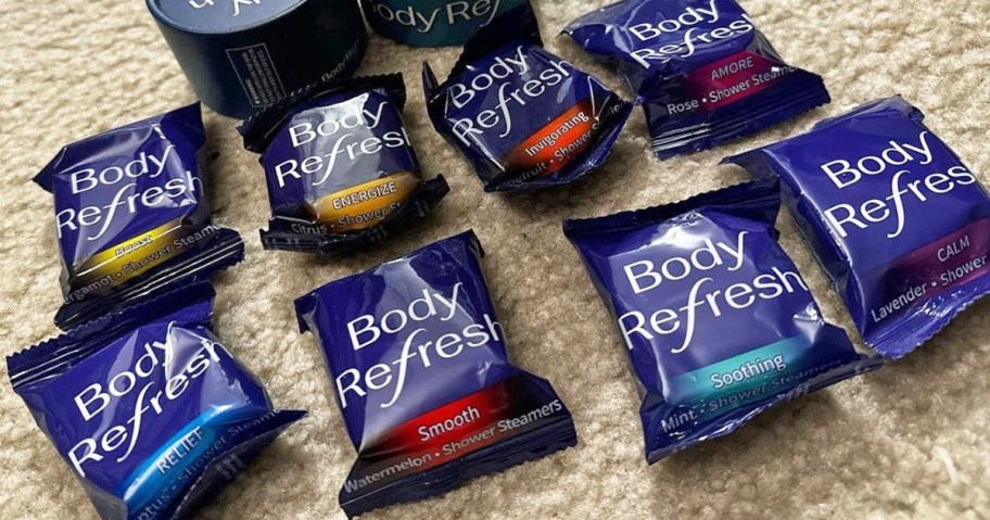 individually wrapped shower steamers on a floor