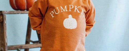 A toddler wearing an orange Burt's Bees Baby organic cotton sweatshirt with a white pumpkin graphic and "PUMPKIN" text.