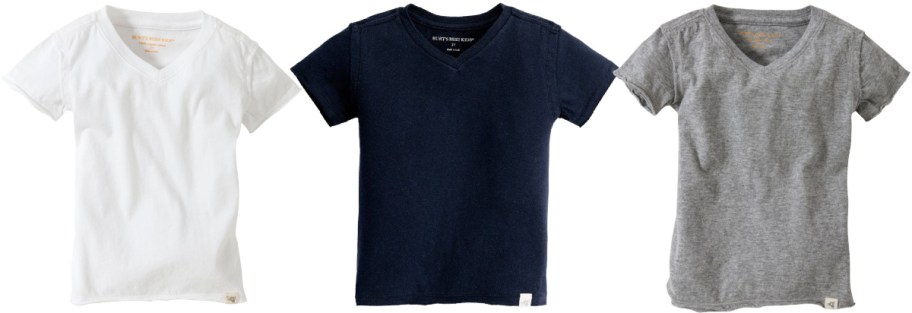 Three Burt's Bees Kids short-sleeve V-neck t-shirts in white, navy blue, and gray.
