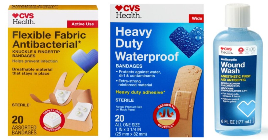 two boxes of bandages and bottle of wound wash
