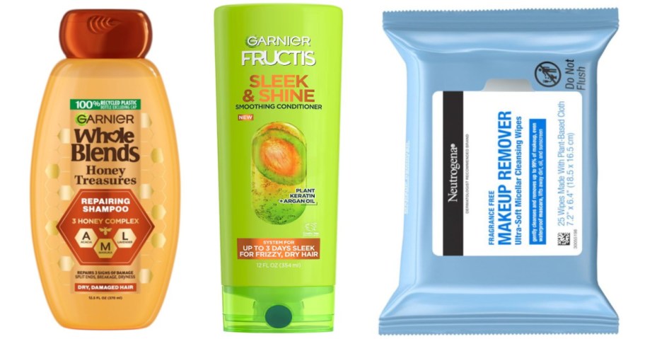 two bottles of shampoo and package of facial wipes