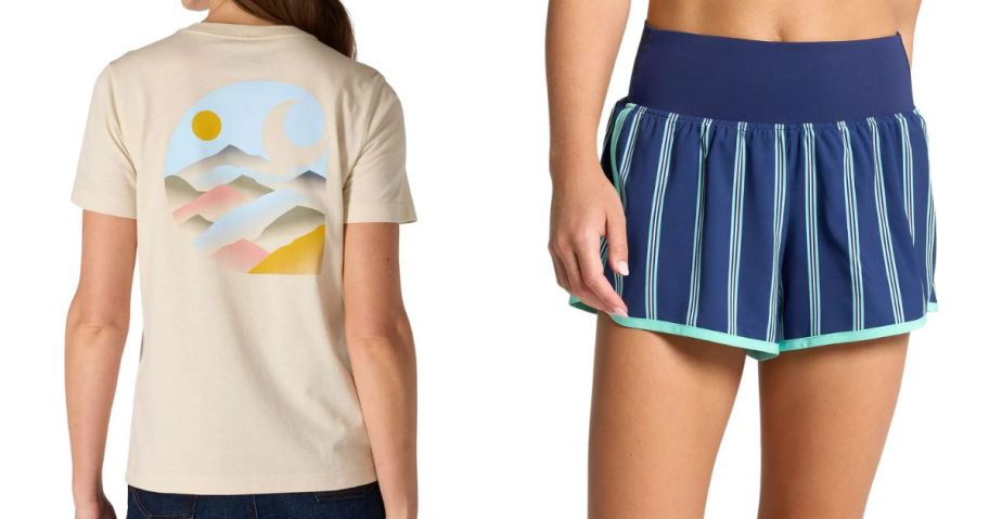 two women wearing Carhartt Women's Graphic Short Sleeve T-Shirt and DSG Women's Knit Waistband 3 Performance Stride Shorts