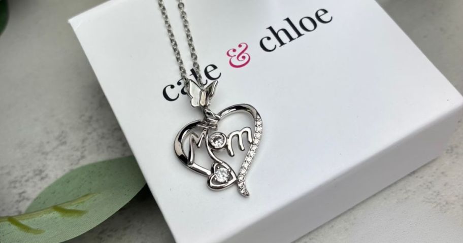 Cate & Chloe Mabel 18k Gold Plated Mom Heart Necklace on box