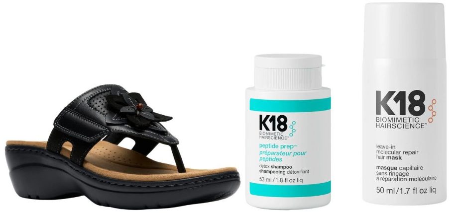 Clarks Collection Leather Thong Sandal and K18 Molecular Repair Mask & 1.8oz Detox Shampoo Duo