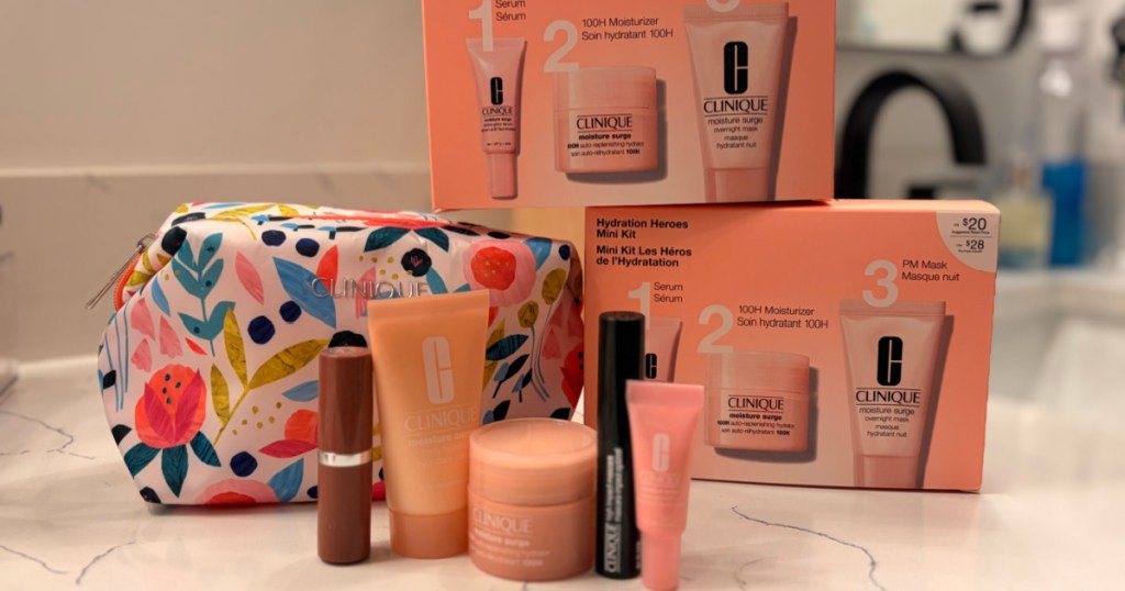 Clinique beauty sets on display on bathroom counter