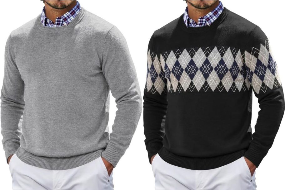 Stock images of two men wearing Coofandy Crew Neck Sweaters