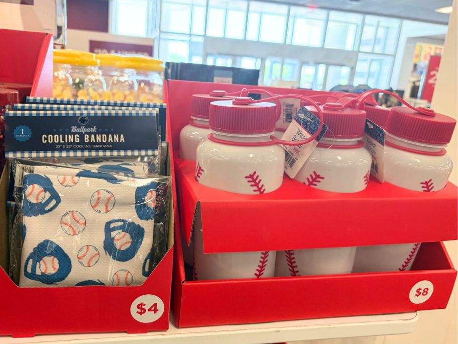 Cooling Bandanas and Baseball Print Water Bottles in store