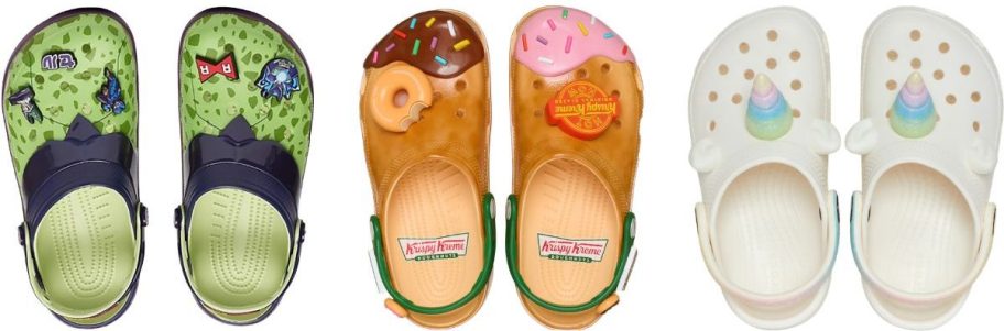 Crocs Men's Dragon Ball Z Cell Classic Clogs, Crocs Krispy Kreme Classic Clogs, and Crocs Toddler Classic IAM Rainbow Unicorn Clogs