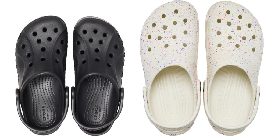 black and white pairs of crocs clogs