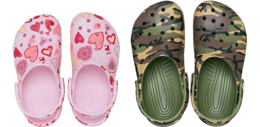 heart and camo print pairs of crocs clogs