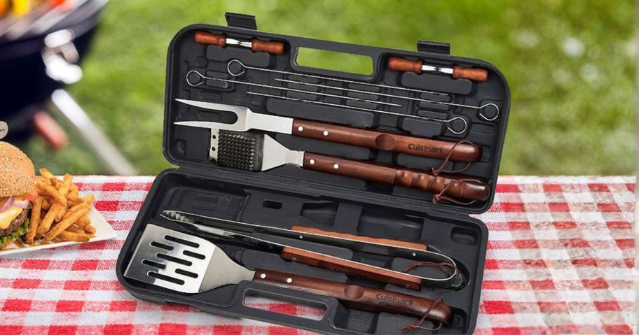 Cuisinart 13-Piece Wooden Handle Grilling Tool Set on picnic table
