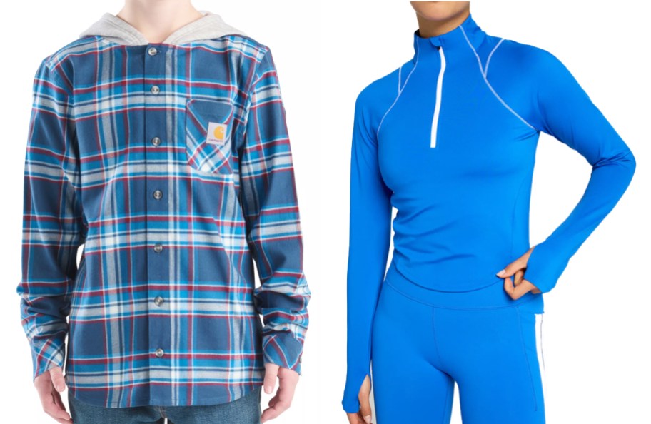 boy in blue plaid jacket and woman in blue running jacket