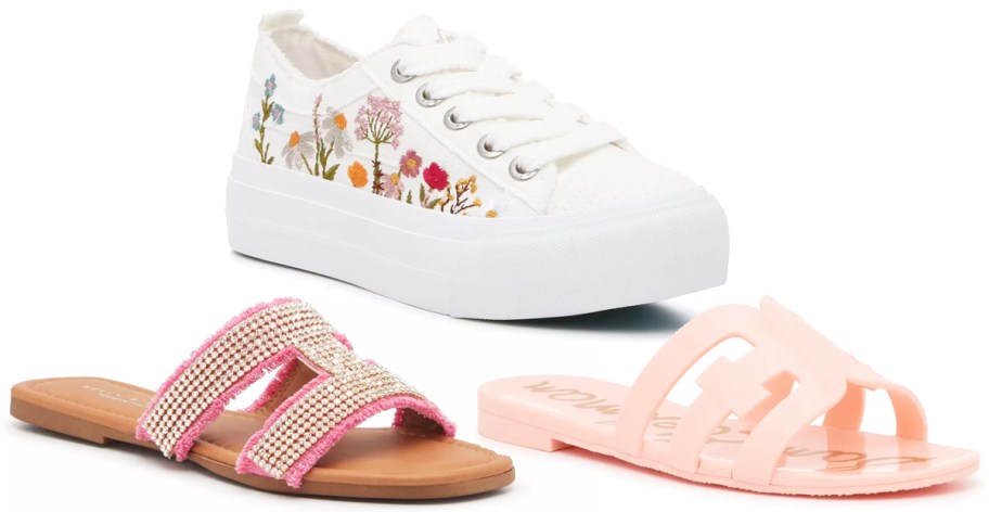 white floral print sneakers and two pairs of pink sandals